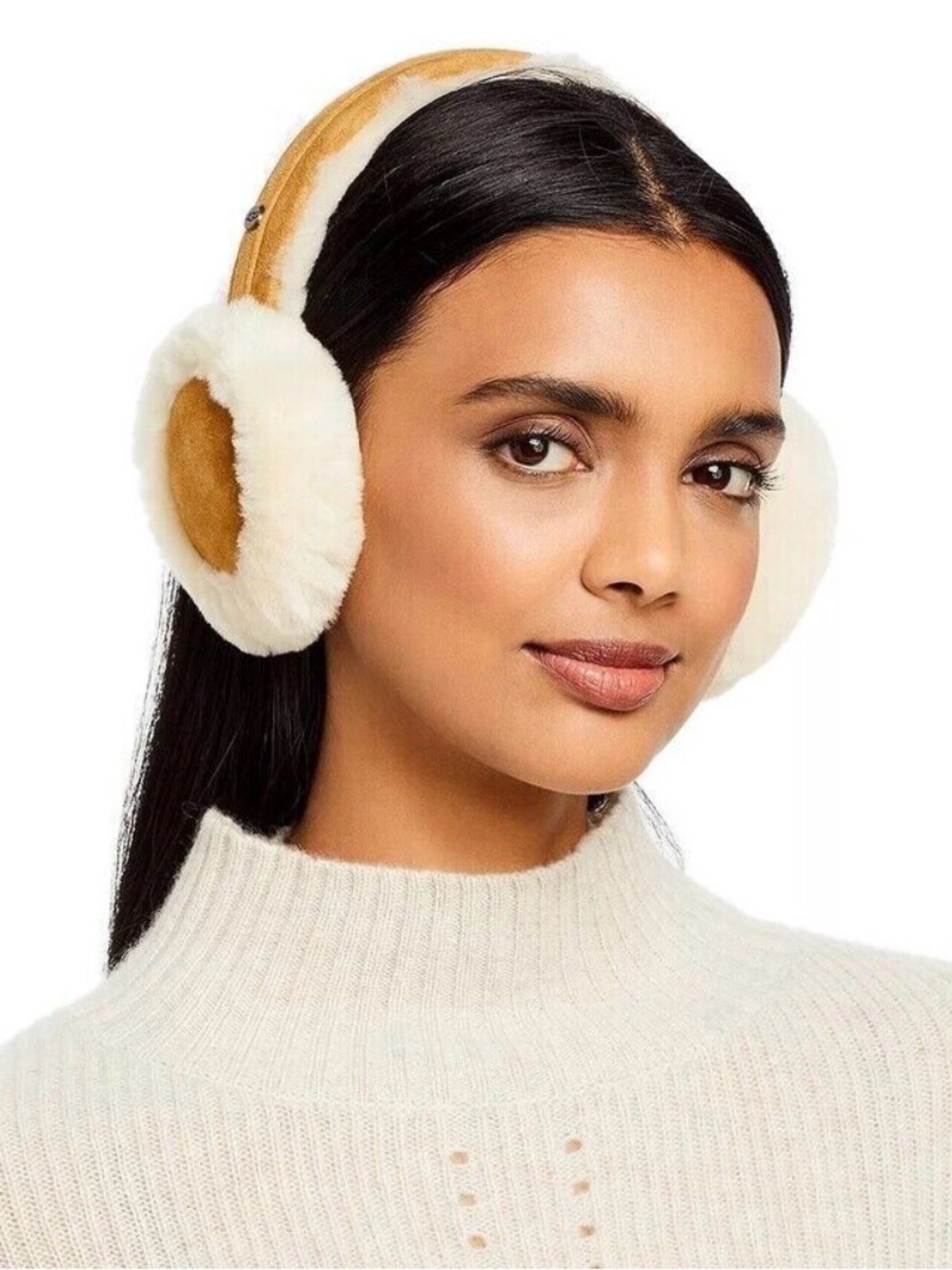 NWT UGG Earmuffs shearling sheepskin Chestnut white/ivory real fur dyed NEW